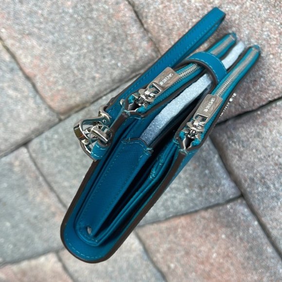 Michael Kors Large Double Zip Leather Wallet Wristlet Phone Case Lagoon - Picture 4 of 16